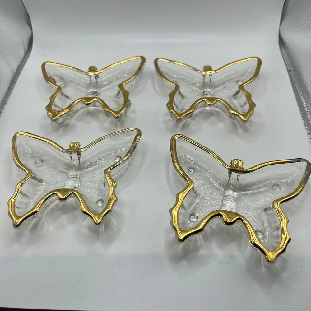 Small Butterfly Clear Glass Jewelry-Keys-Decor or Candy Dish Gold Trim. 4 total